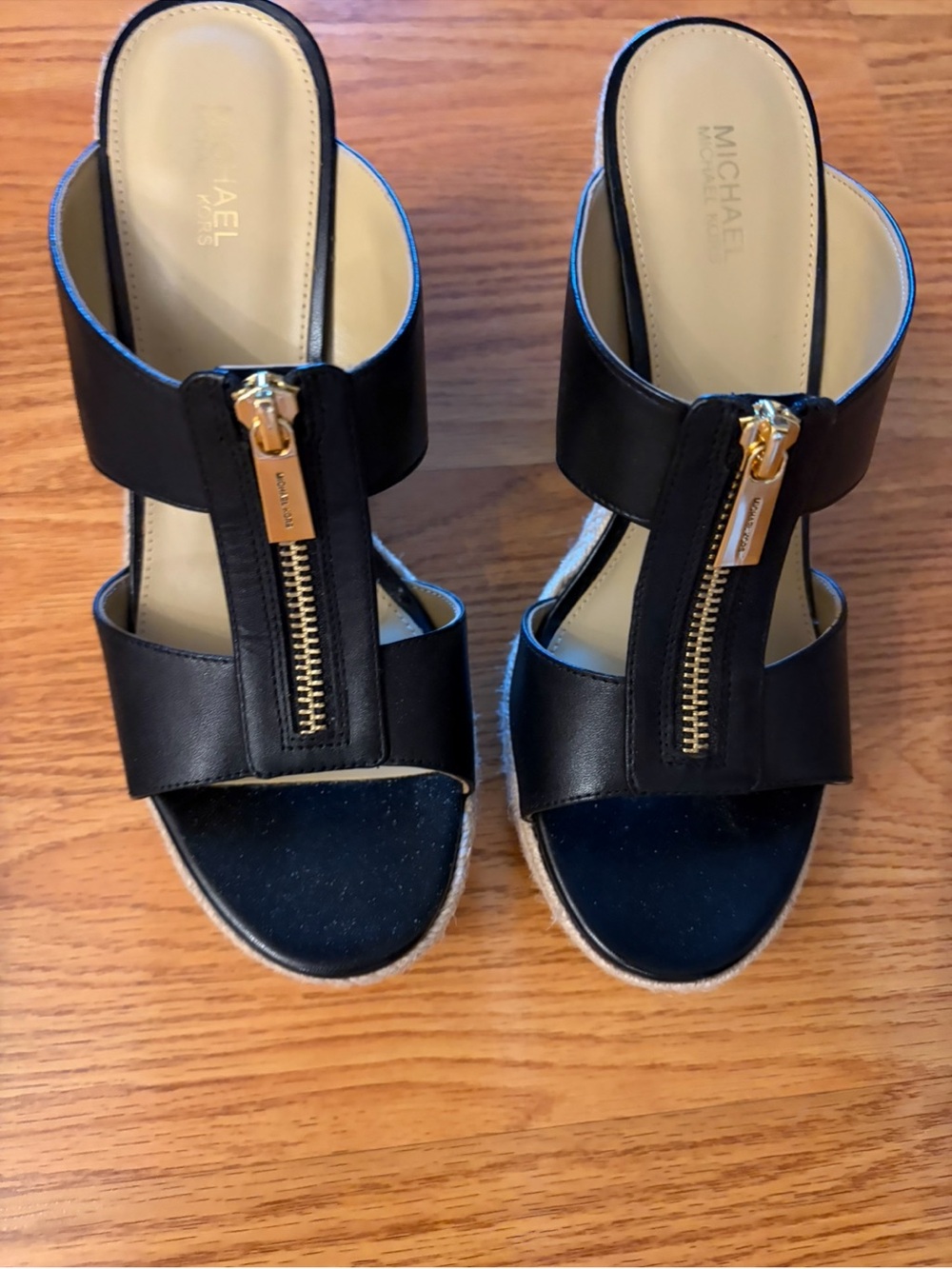 MICHAEL Michael Kors Black Leather Wedge Sandals with Gold Zipper